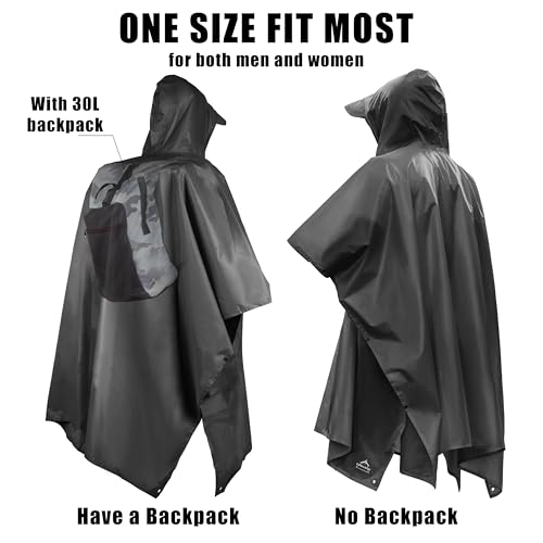 Hooded Rain Poncho Lightweight Waterproof Unisex Raincoat Jacket with Pocket for Men Women Adult (One Size / Grey)