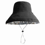 Women Floral Reversible Wide Brim Sun Hats Summer UV Protection Hiking Fishing Hat Wired Edge Beach Garden Lawn Work Cap Chin Strap (Medium / Qf002-black)