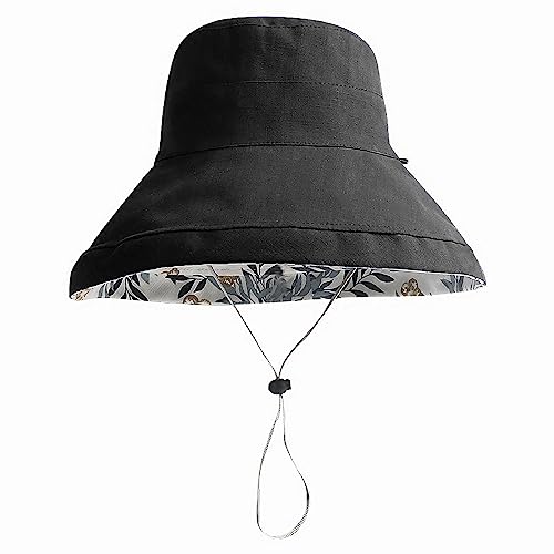 Women Floral Reversible Wide Brim Sun Hats Summer UV Protection Hiking Fishing Hat Wired Edge Beach Garden Lawn Work Cap Chin Strap (Medium / Qf002-black)