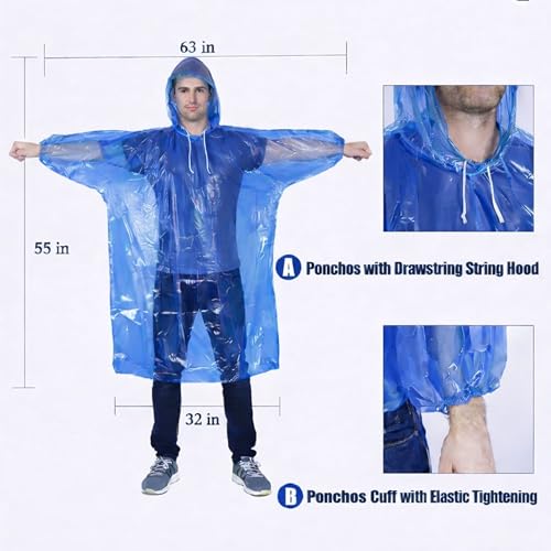 Rain Ponchos with Drawstring Hood Disposable Emergency Poncho for Adults (Blue)