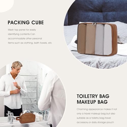 3PCS Faux Leather Weekender Bag for Women Men Travel Bag Overnight Bags (Light Brown)