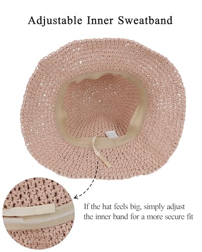 Womens Crochet Straw Sun Hat Foldable Floppy Wide Brim Beach Hat for Summer (One Size / Pink)