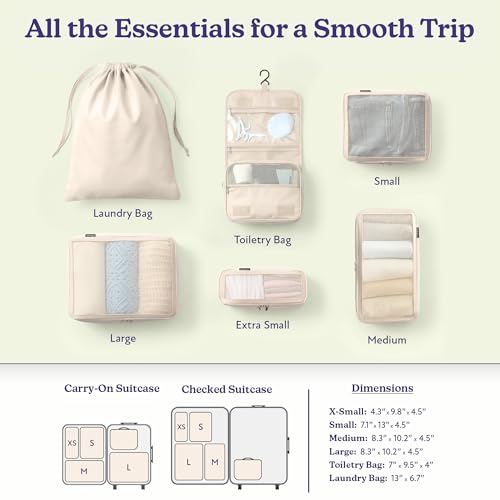 Compression Packing Cubes for Women (2. Neutral Checker / Deluxe Set (4 Cubes + Toiletry & Laundry Bags))