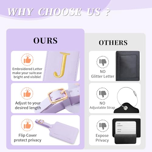 Personalized Initial Luggage Tags for Suitcase (Purple Leather,glod Letter / J)