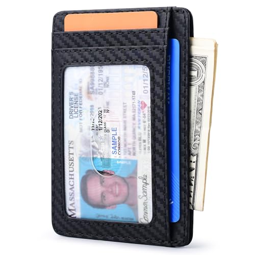 Slim Minimalist Front Pocket RFID Blocking Leather Wallets for Men and Women (Small / Carbon Fiber Black)