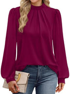 Business Casual Tops for Women Trendy Blouses for Women Dressy Casual Puff Long Sleeve Shirts Early Fall Fashion Outfits Clothes Cute Work Ladies School Outfits for Teachers Burgundy S (09 - Purple Red / Small)