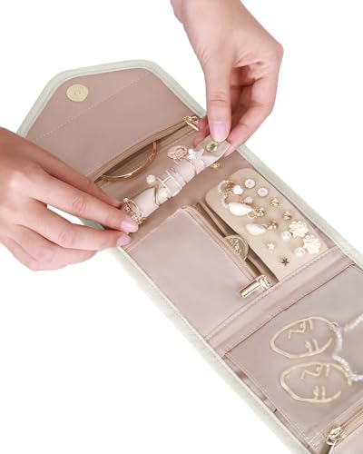 Travel Jewelry Organizer Case Foldable Jewelry Roll (Small / Beige)