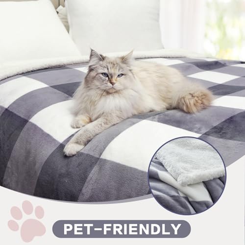 Sherpa Blanket Fleece Throw Blanket Full Queen Plaid Thick Bed Blanket (Grey Checkered / 80"*90")
