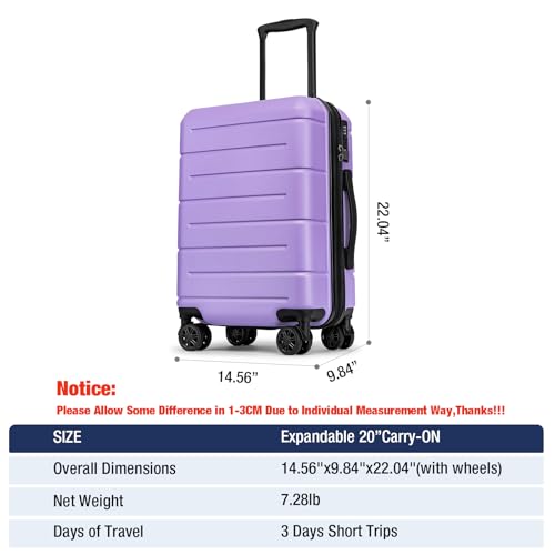 Carry On Luggage 22x14x9 Airline Approved with TSA Lock Hardshell Expandable 20 Inch Suitcase Carry On Suitcase with Wheels Small Travel Rolling Luggage with Cup Holder for Women Lt Purple (Lt Purple / Expandable Carry-On 20-Inch)