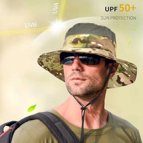 Sun Hats for Men Women UPF 50+ Breathable Wide Brim Summer Fishing (Camo Green)