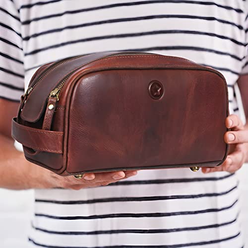 10" Premium Leather Toiletry Travel Pouch With Waterproof Lining (Dark Brown)