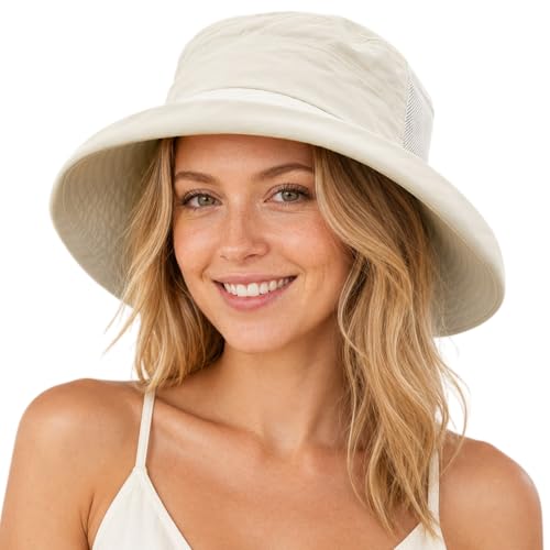 Sun Hat for Women Wide Brim SPF 50 UV Protection with Chin Strap Packable Bucket Hat for Travel Beach Outdoor Summer Waterproof Lightweight Gardening H iking Fishing Camping Cream Beige L (Cream Beige / Large)