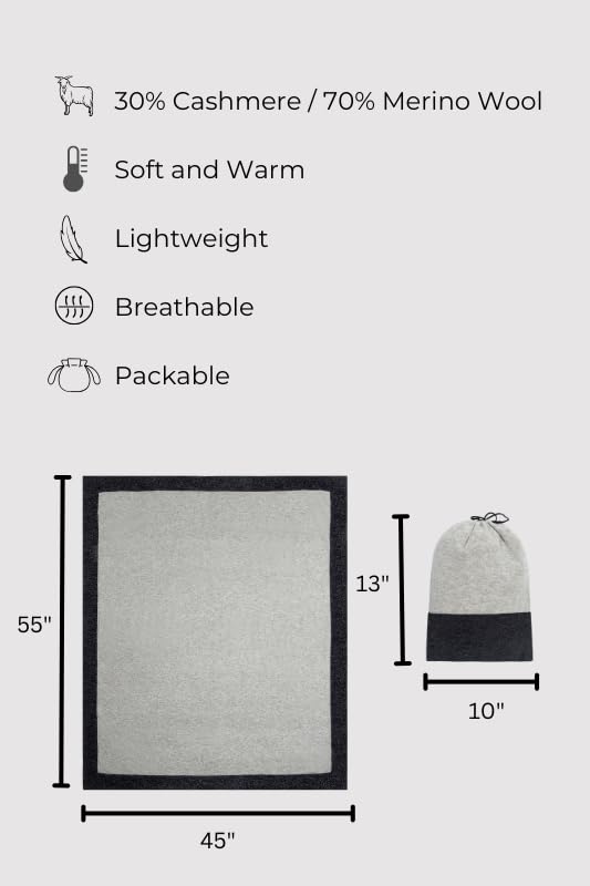 Cashmere Merino Travel Blanket & Pouch 55"x45" Gray & Charcoal (Gray)