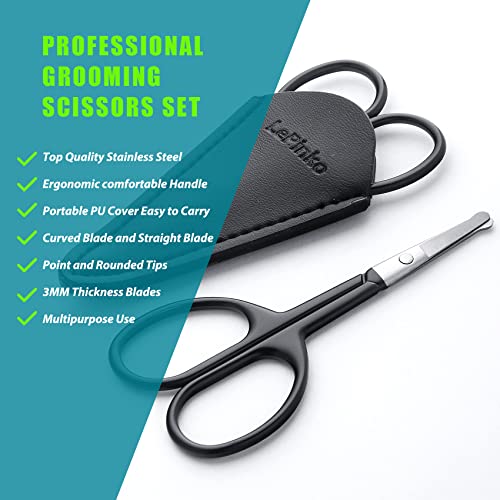 Facial Hair Small Grooming Scissors For Men Women (2PCS - With Cover / Black)