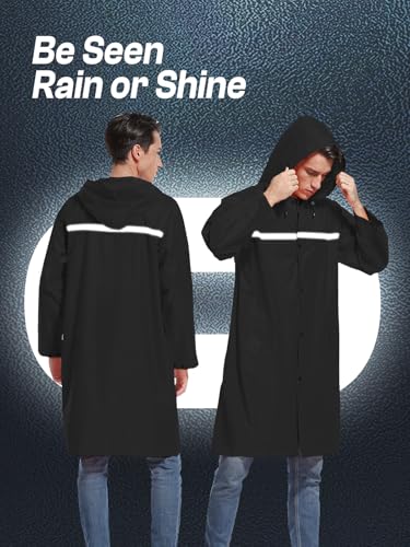 Mens Long Hooded Safety Rain Jacket Waterproof Emergency Raincoat Poncho (X-Large / Black)
