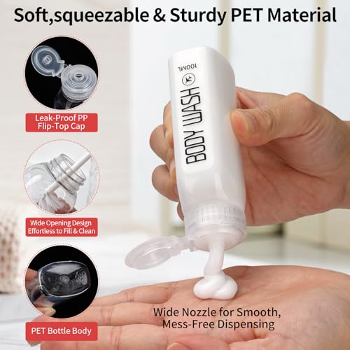 10PCS 100ml TSA Approved Clear Travel Bottles for Toiletries (B-3.4oz-Clear-3label1blank / Clear)