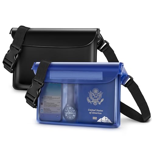 2 Pack Waterproof Fanny Pack Pouch Dry Bag for Phone Passport Purse (Black & Blue)