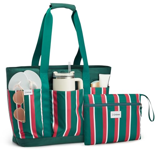 Beach Bag Waterproof Beach Tote Pool Bags for Women (Red Green White Stripes / 35L)