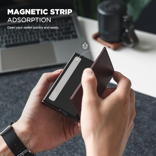 Pop up Card Wallet Minimalist Cash Wallets RFID Blocking Leather Smart Credit Card Holder with ID window for Men (Top-Grain Cowhide Litchi Espresso)