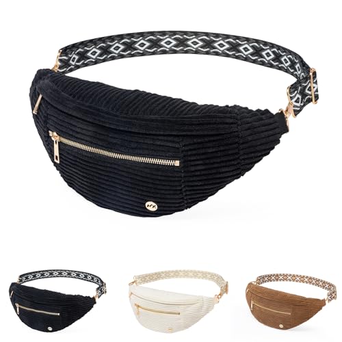 Black Crossbody Bag Corduroy Fanny Pack Vintage Sling Bag with Gold Zipper (Corduroy Black / Large)