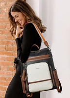 Vegan Leather Laptop Backpack for Women 15.6 inch Work Backpack Fashion Travel Backpack Purse for Business College (Black With Brown and White)