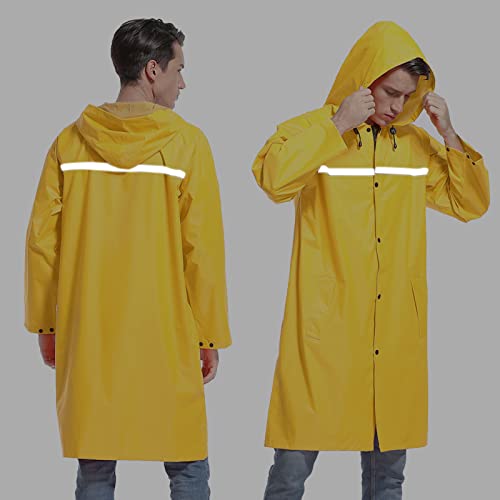 Mens Long Hooded Safety Rain Jacket Waterproof Emergency Raincoat Poncho (XX-Large / Yellow)