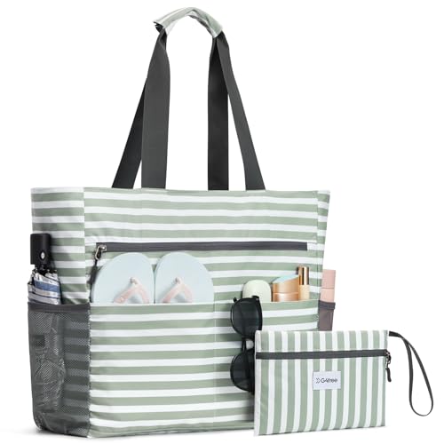 Beach Bag Waterproof Sandproof Large Capacity Foldable for Women (Green Stripe / 35L)