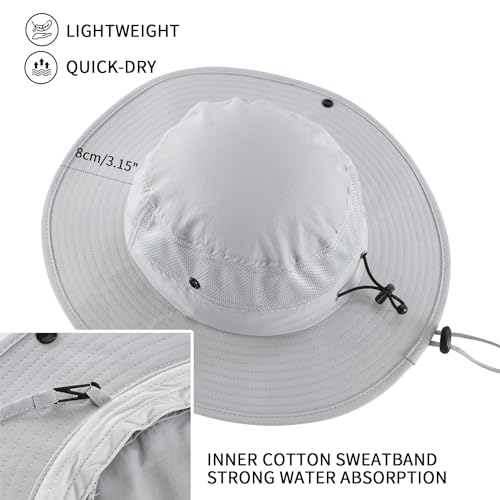 UPF50+ Mens Womens Sun Hat Wide Brim Sun Protection Hat for Beach Fishing Gardening Safari Bucket Hat Mesh Cowboy Hat Light Grey (One Size / Light Grey)