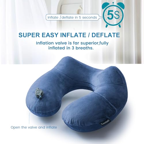 Inflatable Travel Neck Pillow for Airplane to Relieve Neck Pain (Dark Blue / Medium)