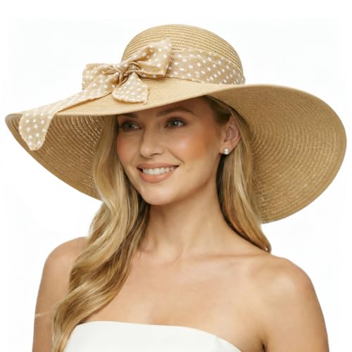 Wide Brim Sun Hat for Women Floppy Straw Hat Summer Beach Hats Fashionable Trendy Hats Sun Protection UPF 50+ (1 Pc：beige+white Dot Hat, 4.7" Brim)