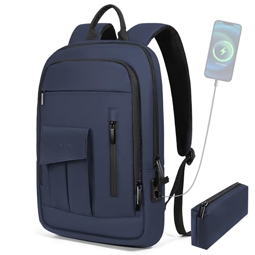 Business Backpack for Men Slim Lightweight Laptop Backpack Water Resistant Small Office Backpack for Commute Travel Daily Office Work with Small Bag (15.6" / With Pocket / Blue)