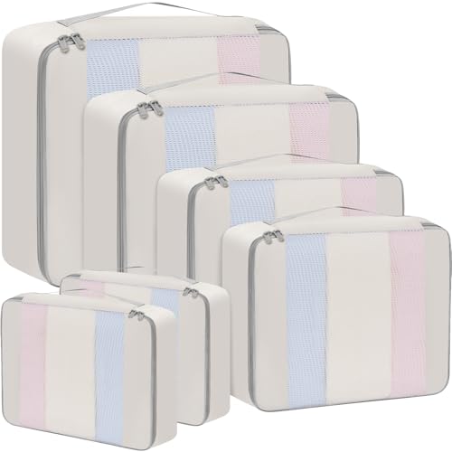 6 Set Packing Cubes Various Sizes Packing Organizer for Travel Accessories Luggage Carry On Suitcase (06-Beige / 6 Set-middle Mesh)