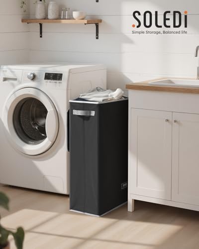 Slim Laundry Basket with Lid (Black / 70L)