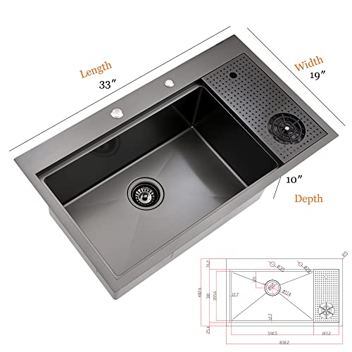 33x19 Black Drop In Kitchen Sink with Cup Washer Workstation Sink (33"L x 19"W x 10"D / Black( Glass Rinser))