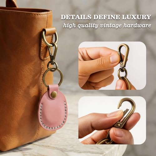 Genuine Leather Airtag Holder Compatible with Apple AirTag Keychain 2nd & 1st Gen (Pink)
