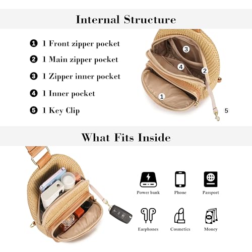 Faux Straw Crossbody Bags for Women Small RFID Summer Sling Bag (Pure Khaki)