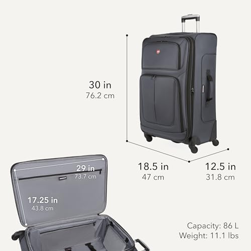 Sion Softside Expandable Spinner Luggage Durable Lightweight Travel Suitcase (Checked-Large / Dark Grey)