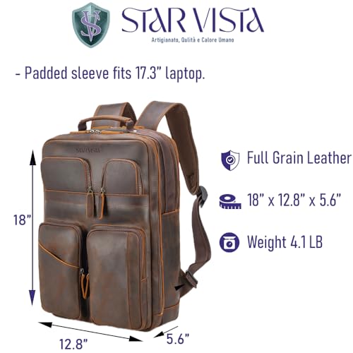 Angelo 17.3" Vintage Full Grain Leather Laptop Backpack for Men (Dark Brown)