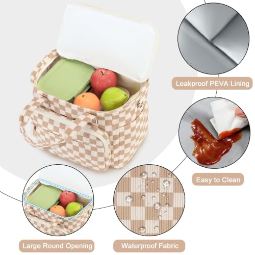 Insulated Lunch Box for Work with Cup Holder (Checkered Brown White / 17L)