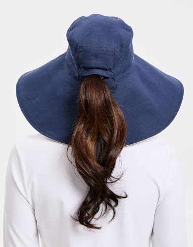 Women's Ultra Wide Cotton Linen Hat UPF 50+ (Large-X-Large / Navy / Beige)