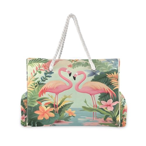 Large Beach Bags Totes Canvas Tote Shoulder Bag Soft Wave Water Resistant Bags for Gym Travel Daily Ocean (Pink Flamingo)