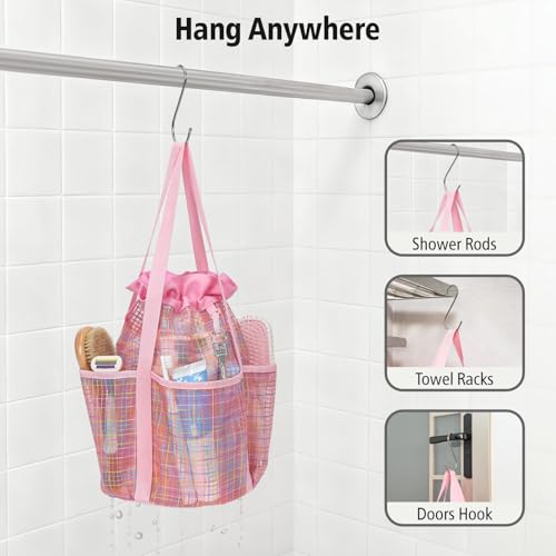 Mesh Shower Caddy Portable with Drawstring (Pink Grid)