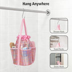 Mesh Shower Caddy Portable with Drawstring (Pink Grid)