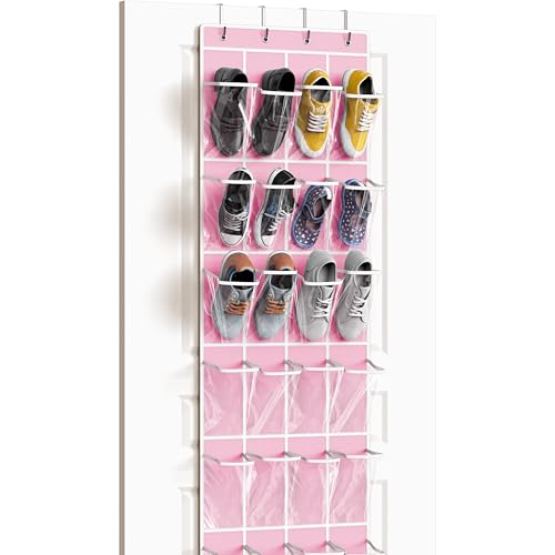 24 Pockets Clear Over the Door Shoe Organizer (Large Pockets / Pink)
