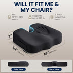 Seat Cushion Memory Foam Chair Cushion for Tailbone Pain Relief (Black / Large)
