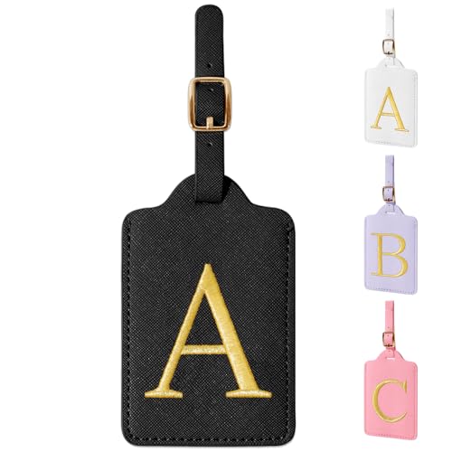 Personalized Initial Luggage Tags for Suitcase TSA Approved (Black Leather,glod Letter / A)
