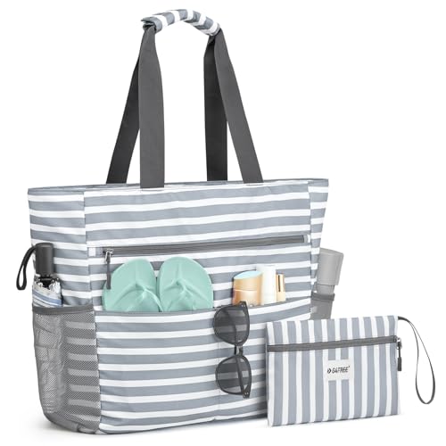 Beach Bag Waterproof Sandproof Large Capacity Foldable for Women (Grey Stripe / 35L)