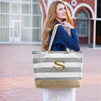 Beach Bag Initial Beach Tote with Makeup Bag for Travel Work Storage Personalized Birthday Gifts for Women Her (Light Grey / S)