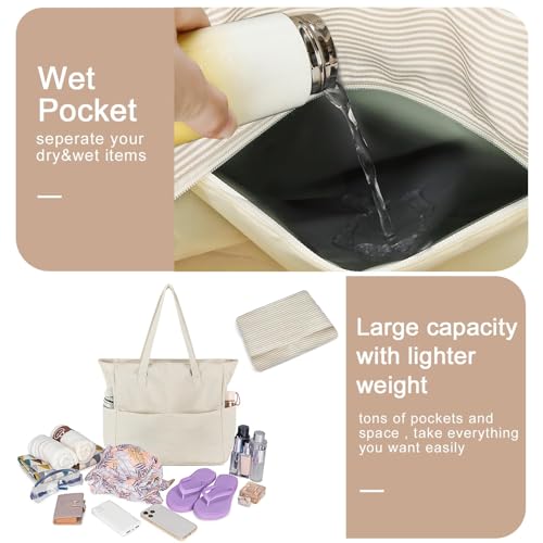 Waterproof Beach Tote Pool Bags for Women Ladies Extra Large Gym Tote Carry On Bag With Wet Compartment for Weekender Travel (S Khaki Stripes)
