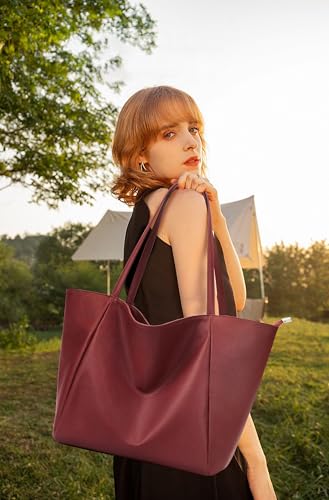 Large Tote Bag Vegan Leather Casual Zipper Work Bag Weekender Hobo for Women 27L Oversize Shoulder Travel Purse (Wine Red)